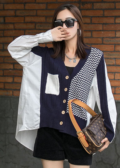 Navy Patchwork Asymmetrical Design Button Fall Long Sleeve Top