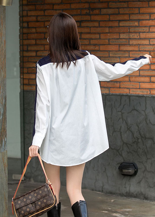 Navy Patchwork Asymmetrical Design Button Fall Long Sleeve Top