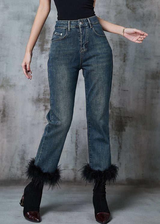 Navy Patchwork Feather Denim Pants Trousers Spring