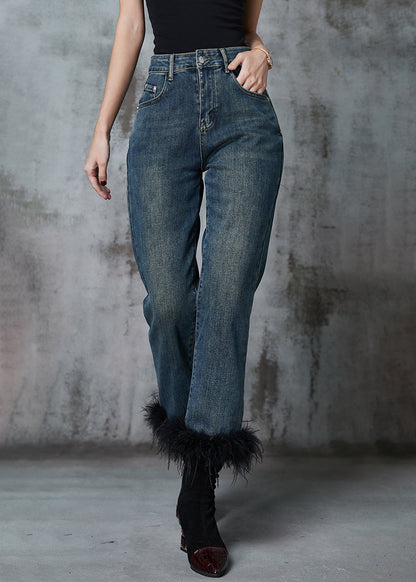 Navy Patchwork Feather Denim Pants Trousers Spring