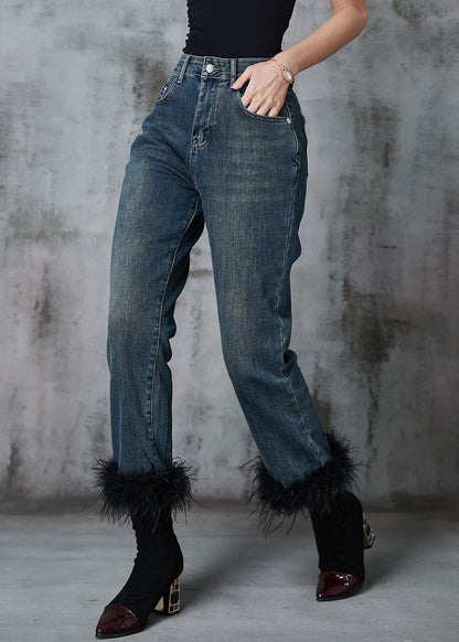 Navy Patchwork Feather Denim Pants Trousers Spring
