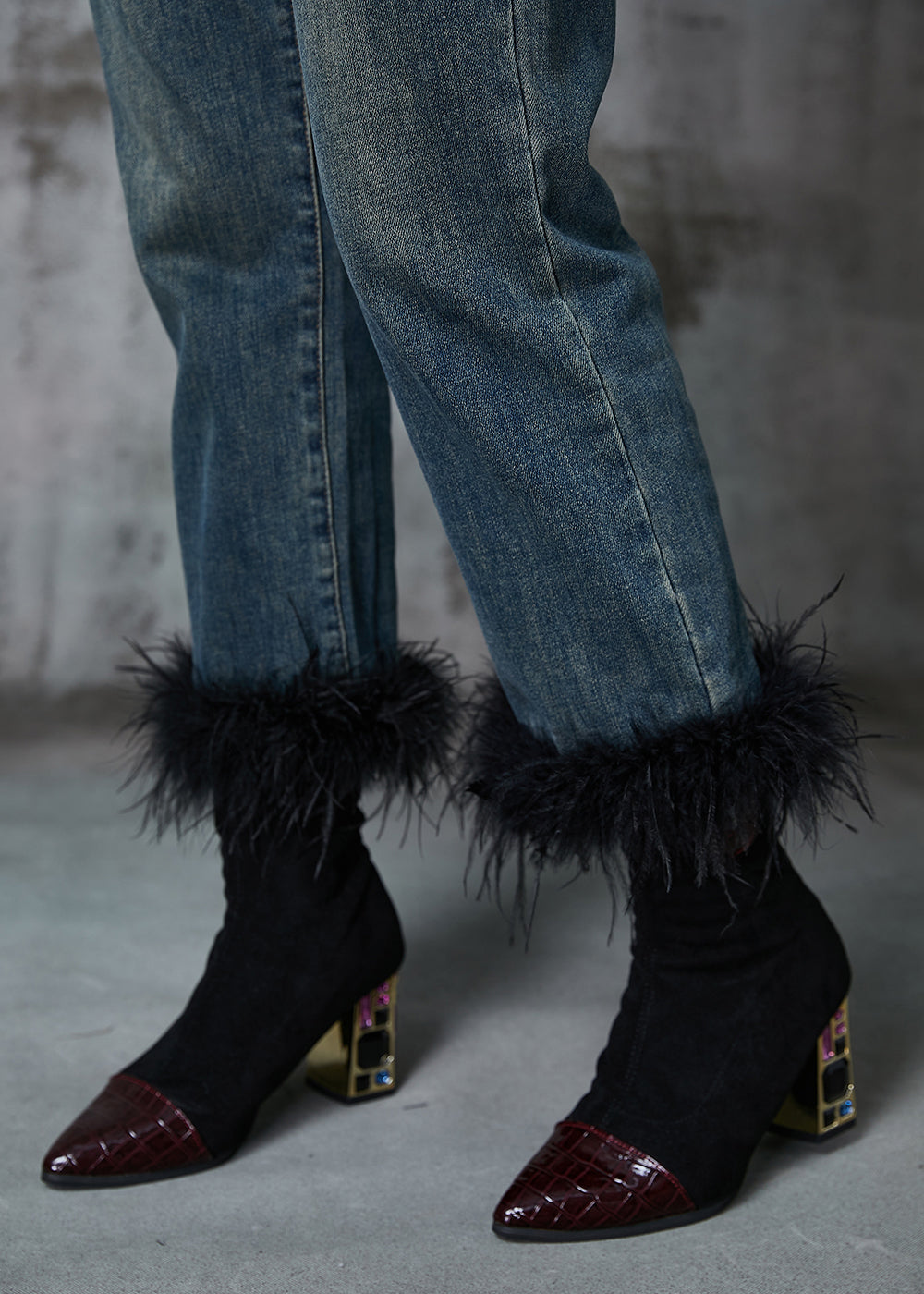 Navy Patchwork Feather Denim Pants Trousers Spring