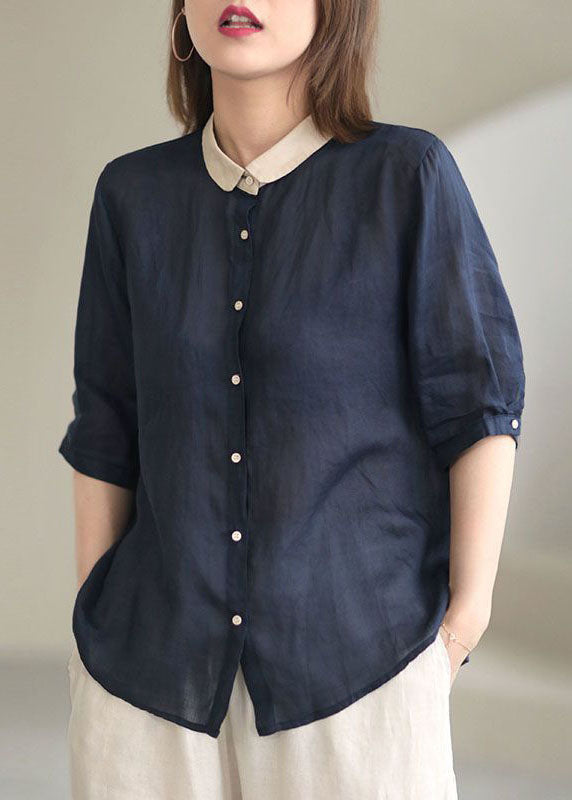 Grey Geometry Peter Pan Collar Button Loose Fall Half Sleeve Shirt Tops