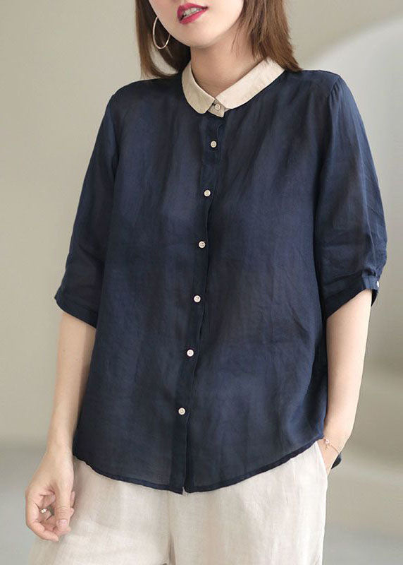 Grey Flower Peter Pan Collar Button Loose Fall Half Sleeve Shirt Tops
