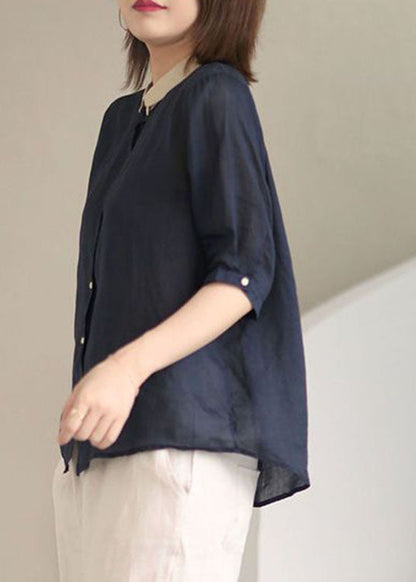 Red Stripes Peter Pan Collar Button Loose Fall Half Sleeve Shirt Tops
