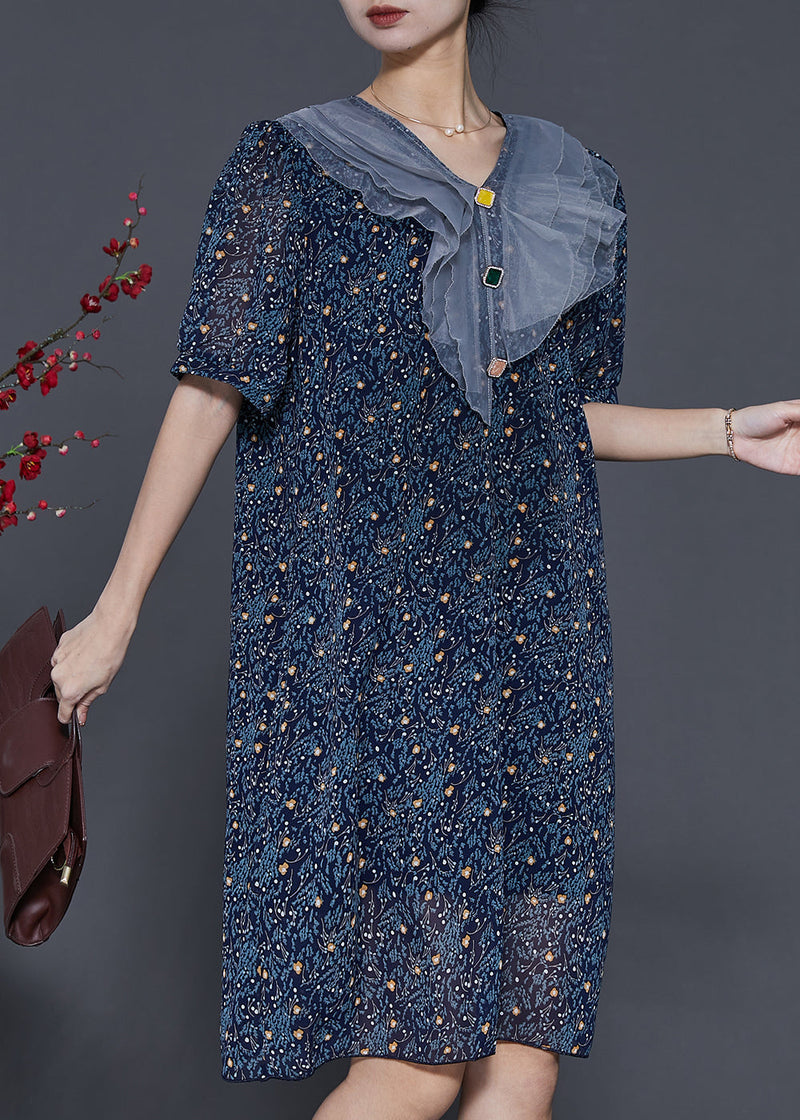 Navy Peter Pan Collar Print Chiffon Maxi Dresses Summer