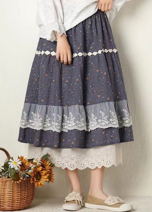 Navy Print Lace Elastic Waist Cotton Skirt Spring