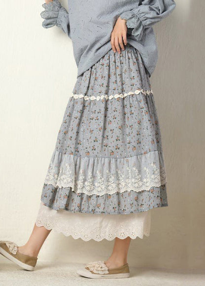Navy Print Lace Elastic Waist Cotton Skirt Spring