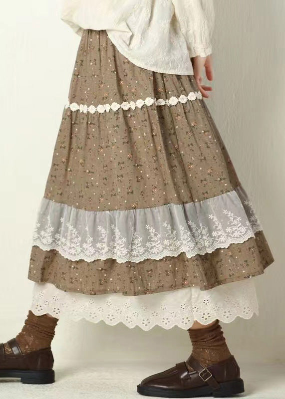 Navy Print Lace Elastic Waist Cotton Skirt Spring