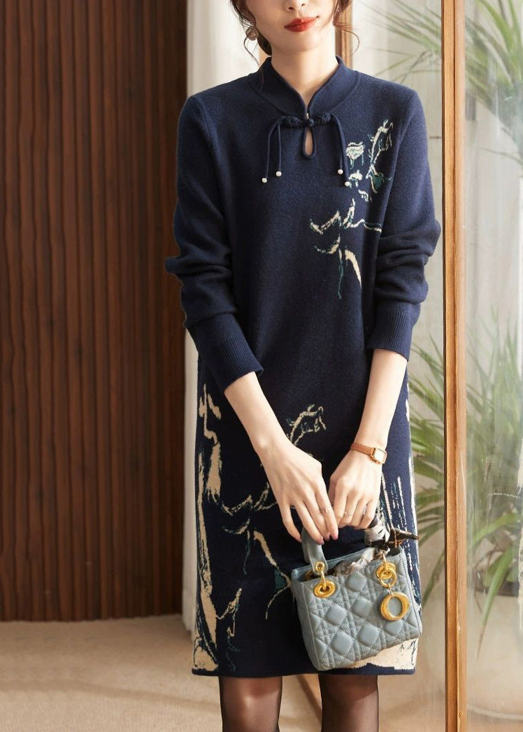 Navy Print Patchwork Cotton Knit Long Sweater Dress Long Sleeve