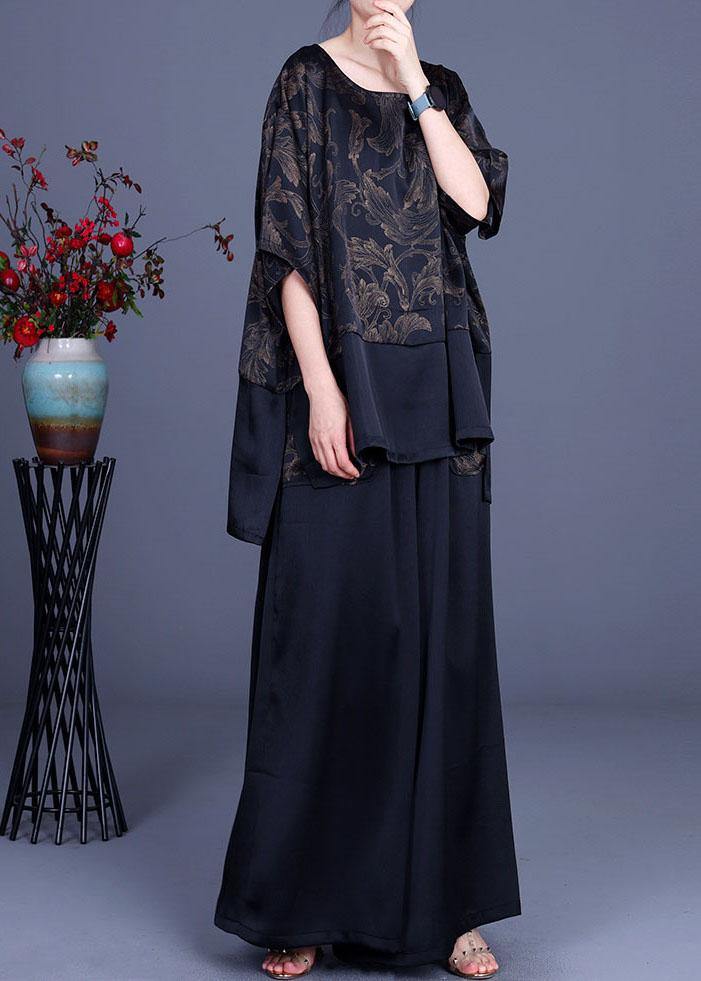 Navy Print Patchwork Long Smock Wide Leg Chiffon Two Pieces Set