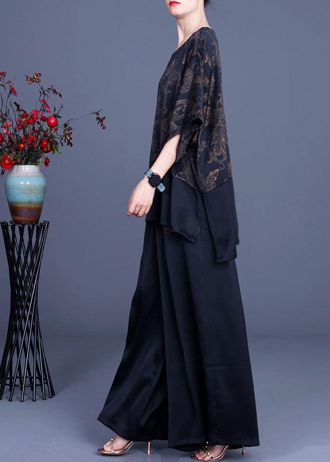 Navy Print Patchwork Long Smock Wide Leg Chiffon Two Pieces Set