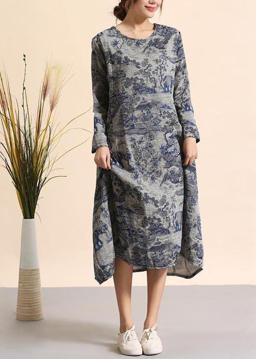 Navy Print Quilting Dresses O Neck Pockets Maxi Dresses