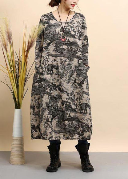 Navy Print Quilting Dresses O Neck Pockets Maxi Dresses