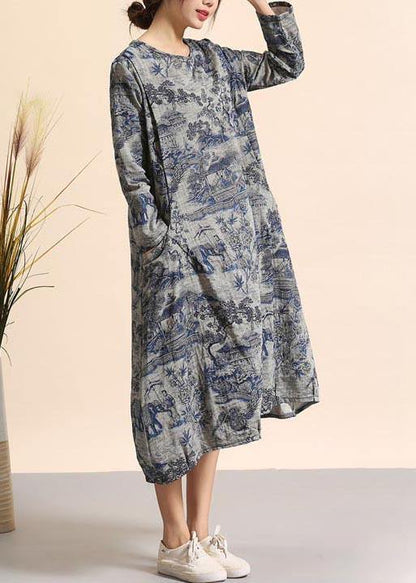 Navy Print Quilting Dresses O Neck Pockets Maxi Dresses