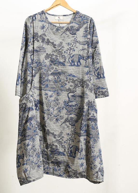 Navy Print Quilting Dresses O Neck Pockets Maxi Dresses