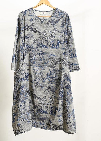 Navy Print Quilting Dresses O Neck Pockets Maxi Dresses