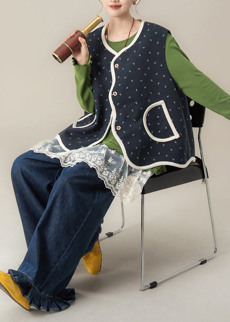 Navy Print Vest T Shirt and Pants Cotton Three Pieces Set Spring