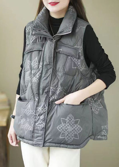 Navy Print Zippered Pockets Duck Down Waistcoat Winter