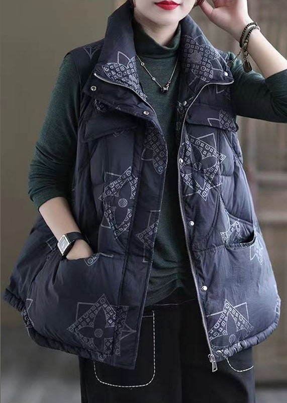 Navy Print Zippered Pockets Duck Down Waistcoat Winter