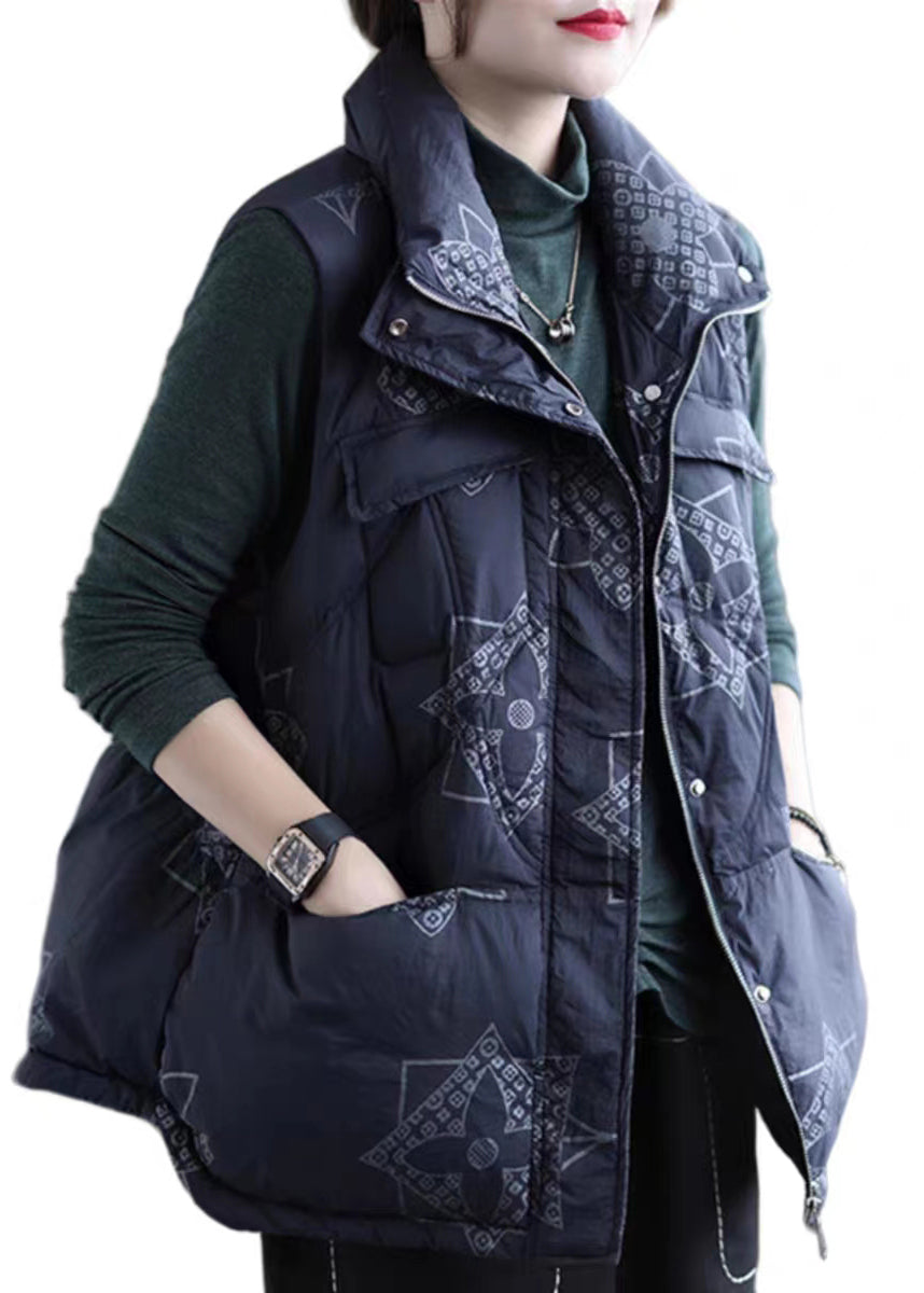Navy Print Zippered Pockets Duck Down Waistcoat Winter