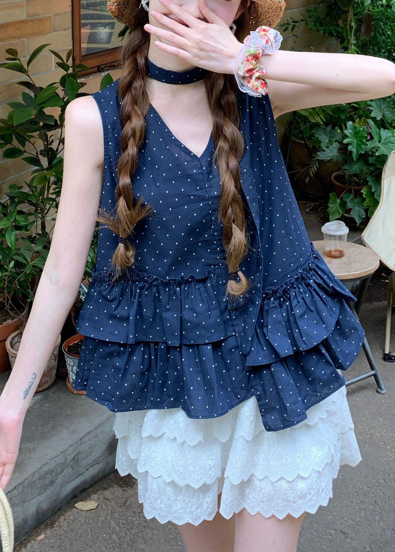 Navy Ruffled Print Cotton Tanks Sleeveless