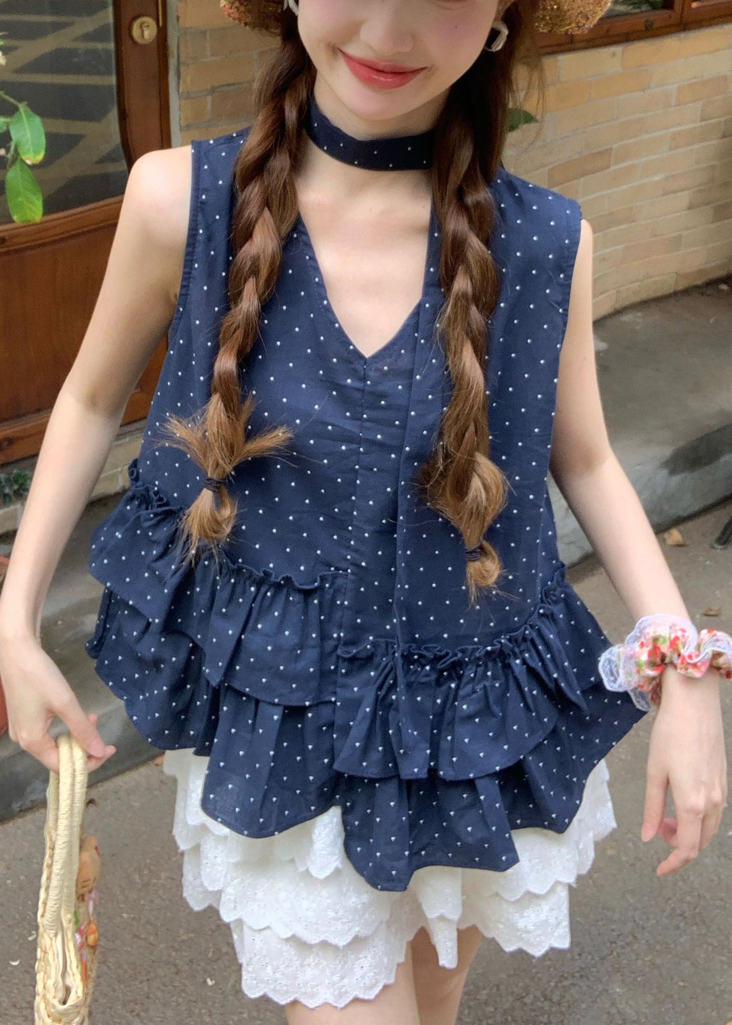 Navy Ruffled Print Cotton Tanks Sleeveless