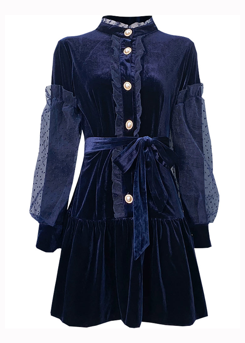 Navy Ruffled Tie Waist Patchwork Velour Dresses Puff Sleeve