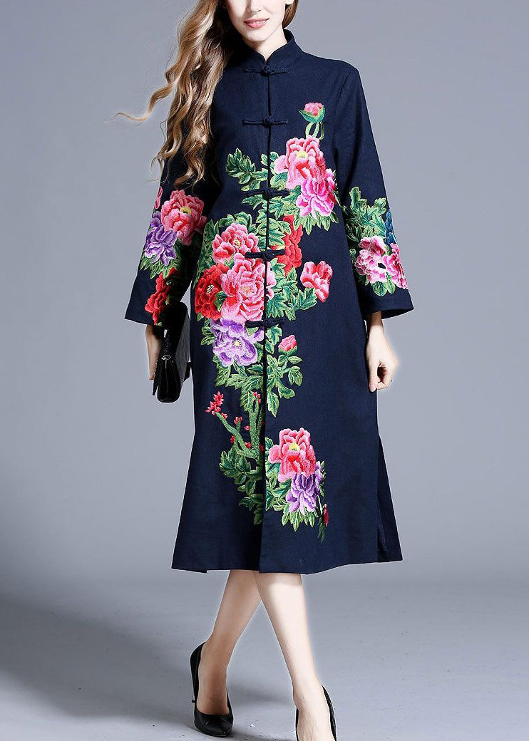 Navy Stand Collar Embroideried Button Coats Long Sleeve