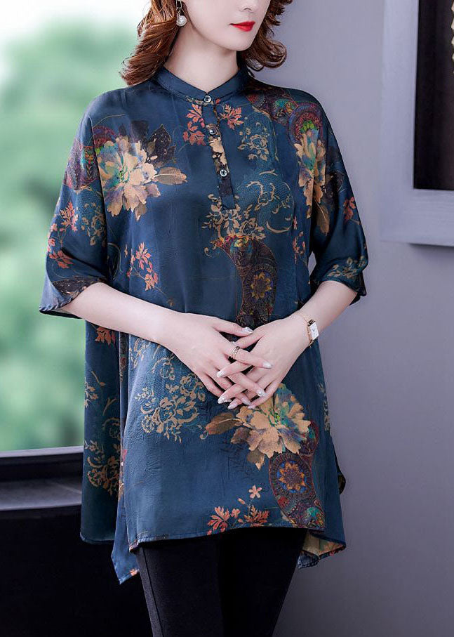 Navy Stand Collar Print Silk Tops Half Sleeve