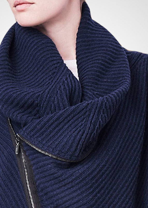 Navy Turtle Neck Asymmetrical Zippered Knit Sweater Tops Winter