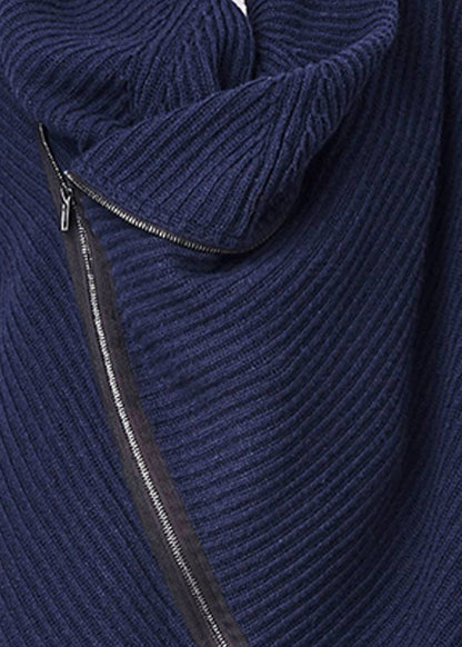 Navy Turtle Neck Asymmetrical Zippered Knit Sweater Tops Winter