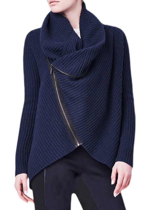Navy Turtle Neck Asymmetrical Zippered Knit Sweater Tops Winter