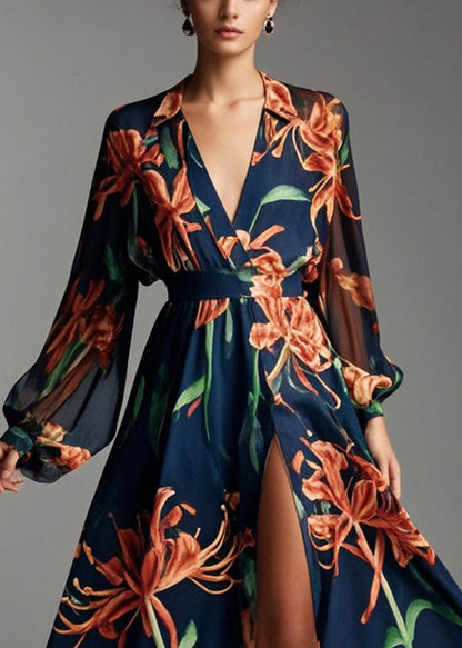 Navy V Neck Print Chiffon Beach Dresses Spring