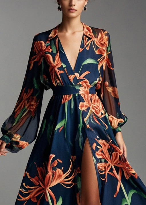 Navy V Neck Print Chiffon Beach Dresses Spring