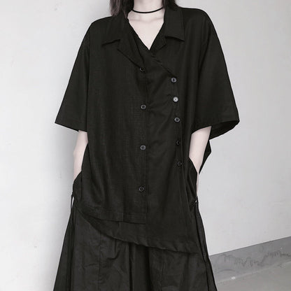 Notched Patchwork Tunic Shape Black Blouses