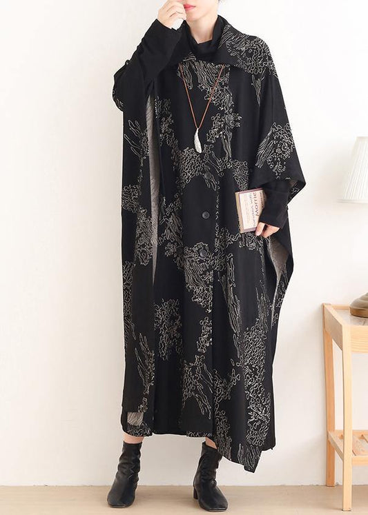 Notched Asymmetric Coats Black Print Silhouette Coats