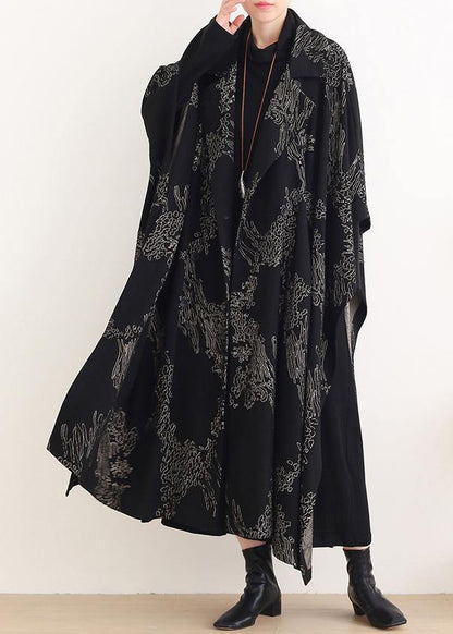 Notched Asymmetric Coats Black Print Silhouette Coats