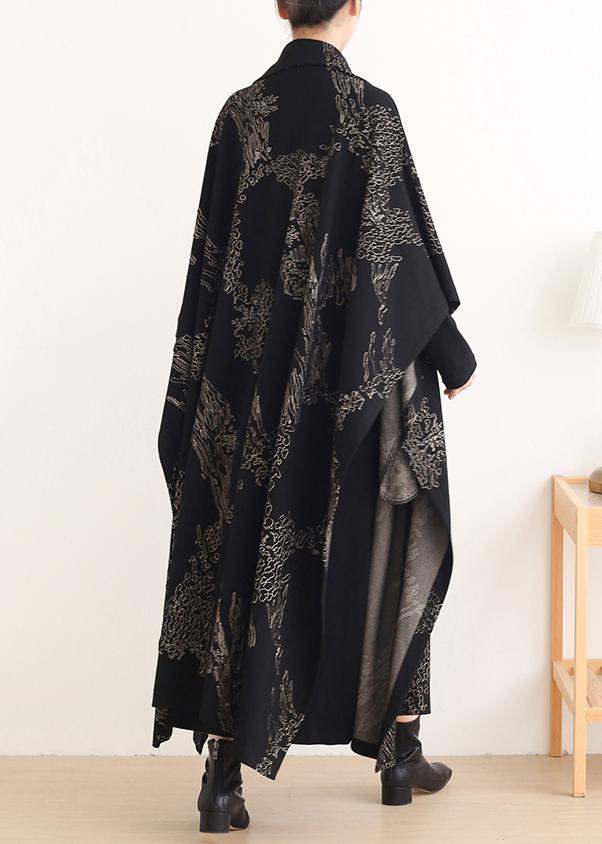 Notched Asymmetric Coats Black Print Silhouette Coats