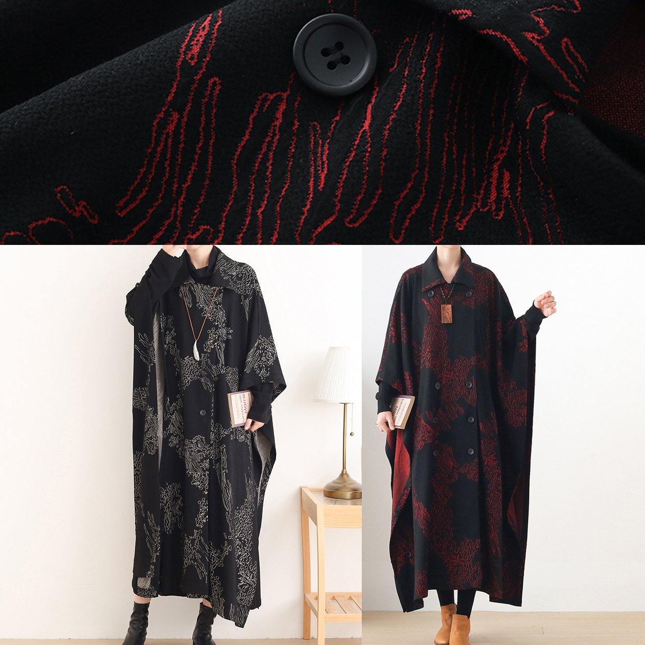 Notched Asymmetric Coats Black Print Silhouette Coats