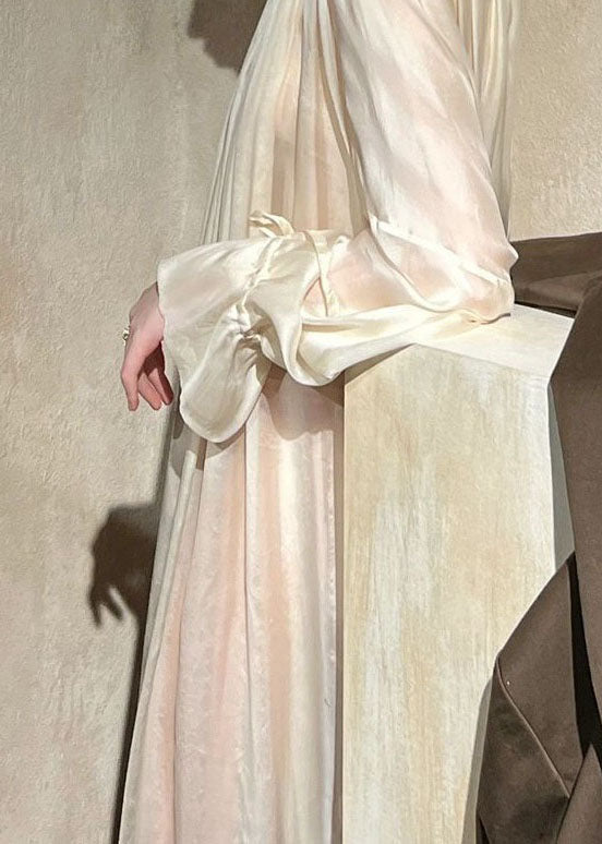 Nude Ruffled Lace Up Patchwork Ice Silk Dresses Long Sleeve