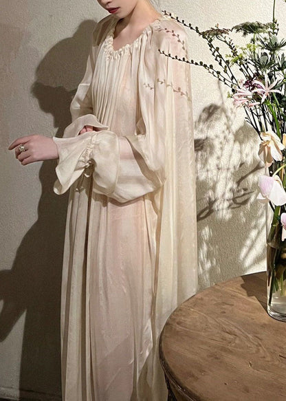Nude Ruffled Lace Up Patchwork Ice Silk Dresses Long Sleeve
