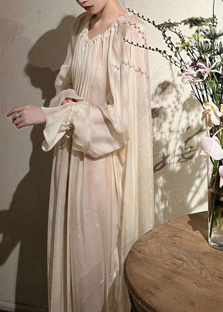 Nude Ruffled Lace Up Patchwork Ice Silk Dresses Long Sleeve