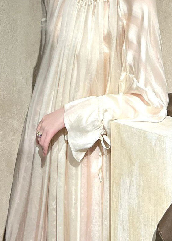Nude Ruffled Lace Up Patchwork Ice Silk Dresses Long Sleeve