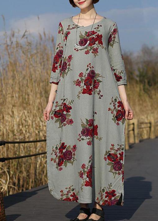 O Neck Pockets Spring Tunic Work Outfits Chinese Rose Flower Long Dress