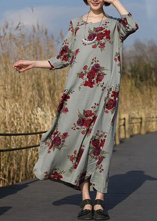 O Neck Pockets Spring Tunic Work Outfits Chinese Rose Flower Long Dress