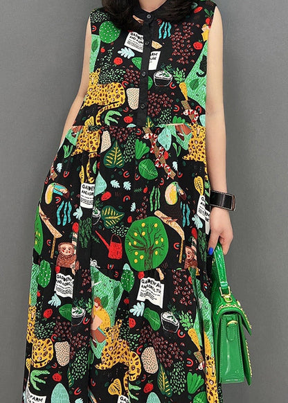 O-neck Print Button Pockets Long Dress Sleeveless