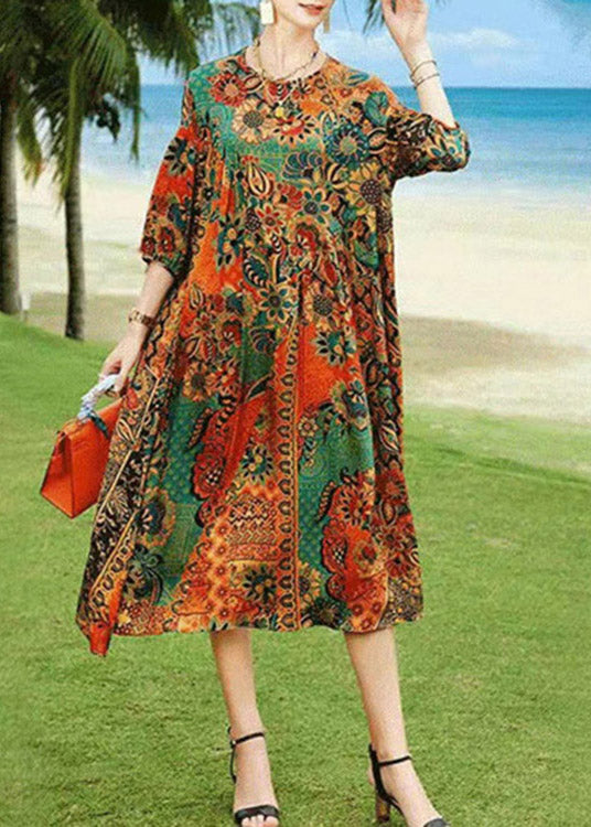 O-neck Print Silk Dress Long Sleeve