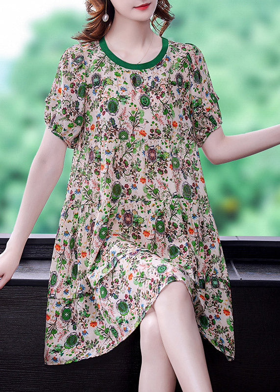 O-neck Print Wrinkled Chiffon Mid Dresses Short Sleeve