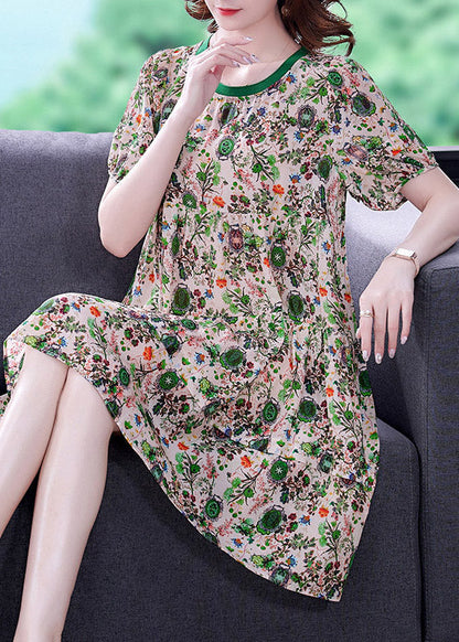 O-neck Print Wrinkled Chiffon Mid Dresses Short Sleeve